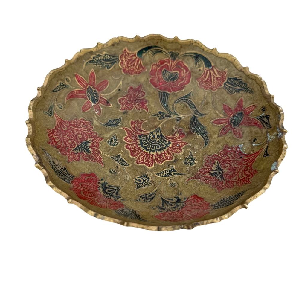 Vintage Brass Bowl Scalloped Edge With Floral flowers design Enameled Footed